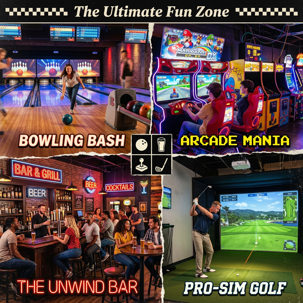 Bowling lanes with players, arcade game area with seated players, golf simulators with golfers, and groups dining in a bar and grill